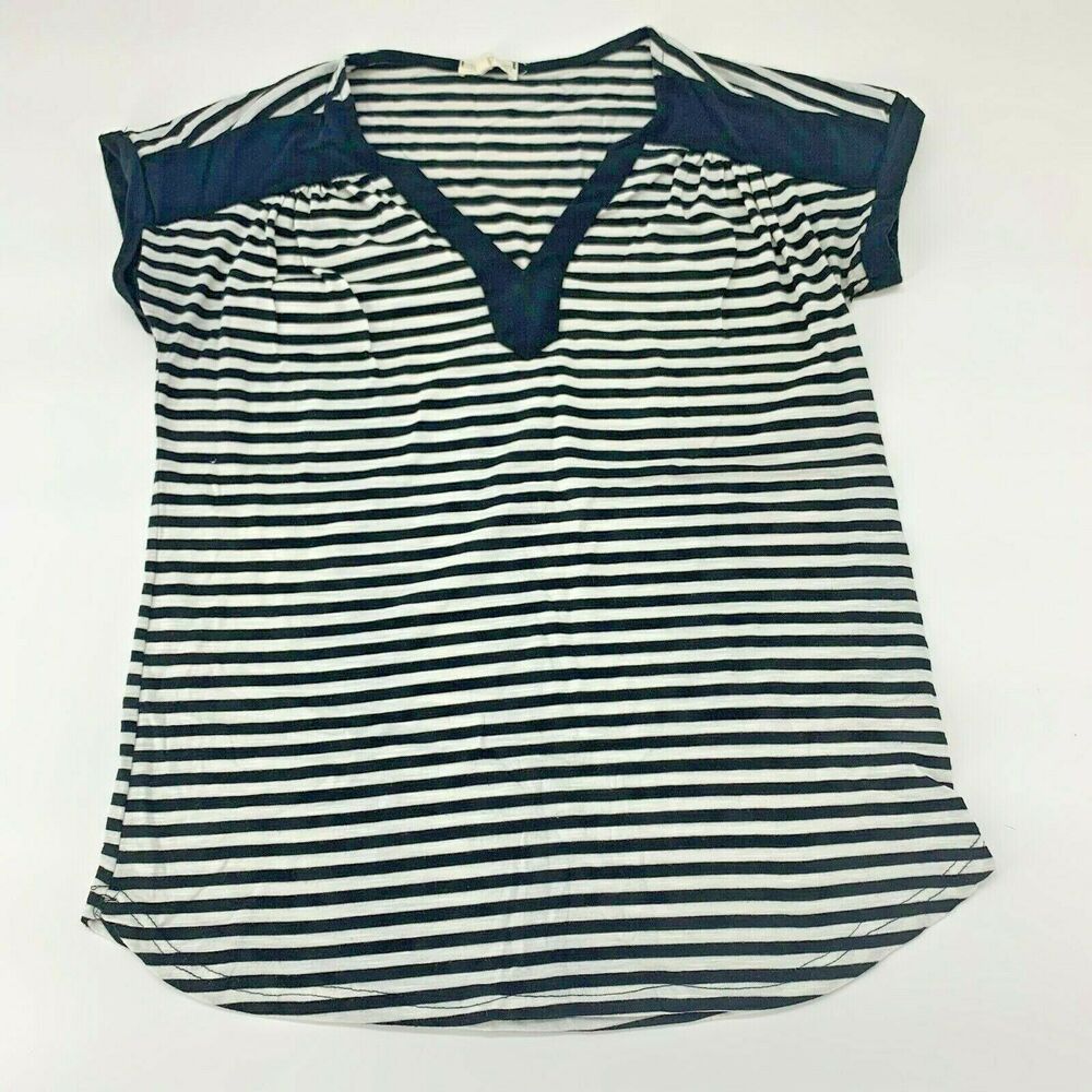 Thyme & Honey Black White Striped Short Sleeve Blouse Women's Size Medium